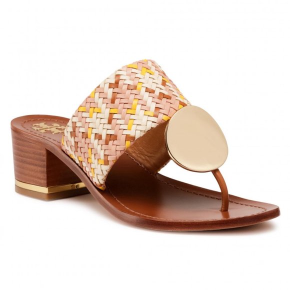 Tory Burch PATOS DISK MID-HEEL SANDAL Woven Neutral Pink Gold Accent Details - Picture 13 of 14